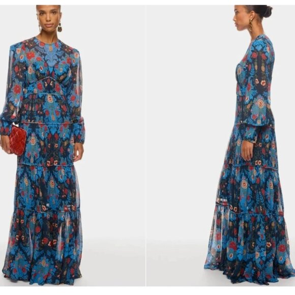 Farm Rio Dress Arabesque Floral Gown Maxi Long-Sleeve Blue Size XS *READ FLAW* - Picture 1 of 9